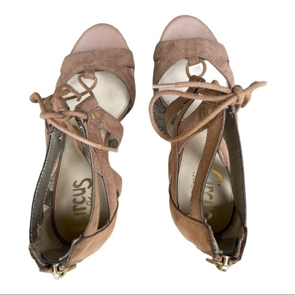 Circus by Sam Edelman Emilia Tan Back Zipper Open Toe Block Heels Size 6.5 - Picture 8 of 15